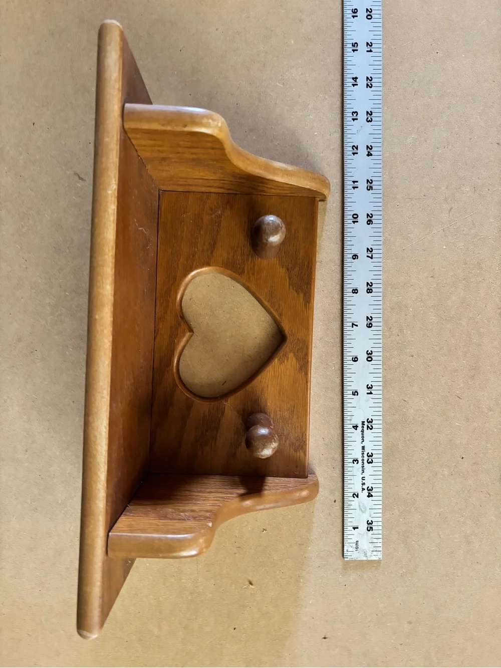 Hand Crafted Wooden Heart Hook Shelf in Light Brown